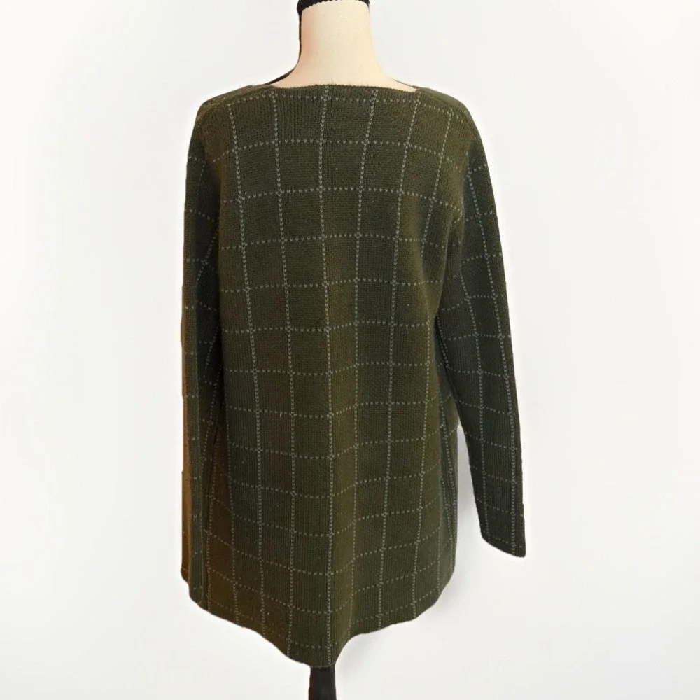 Olive Green Grid Cardigan Duster Minimal Cozy‎ Sweater M